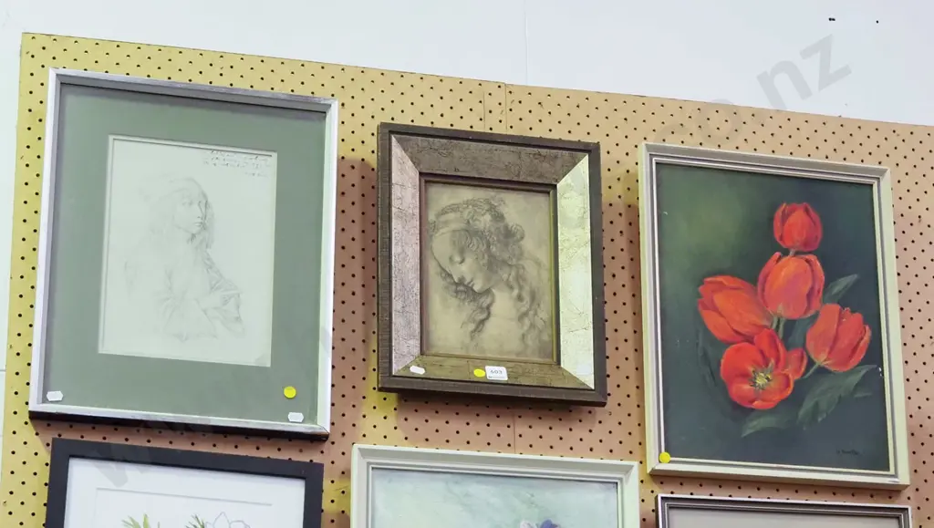 framed acrylic on board, 2x framed prints - yellow dots Image 1++