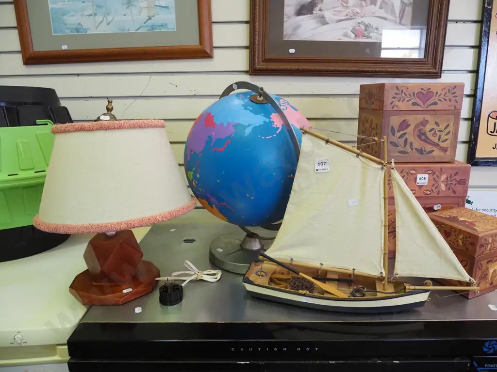 hand painted world globe, small wood based desk lamp, model yacht Image 1++