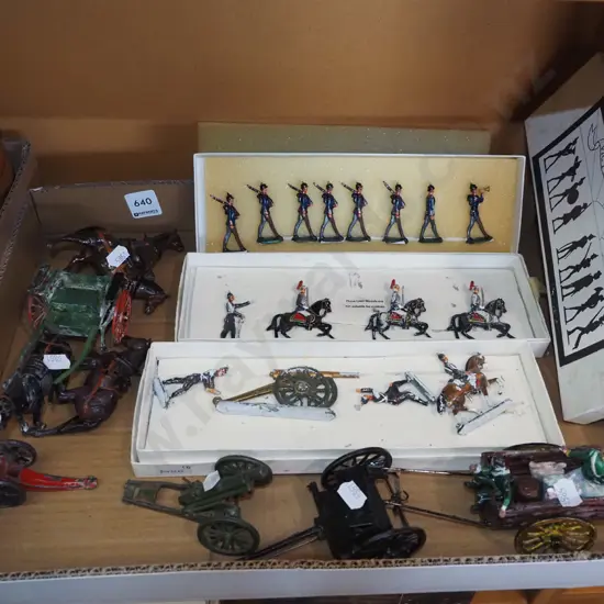 box of painted cast metal toy soldiers, wagons etc.