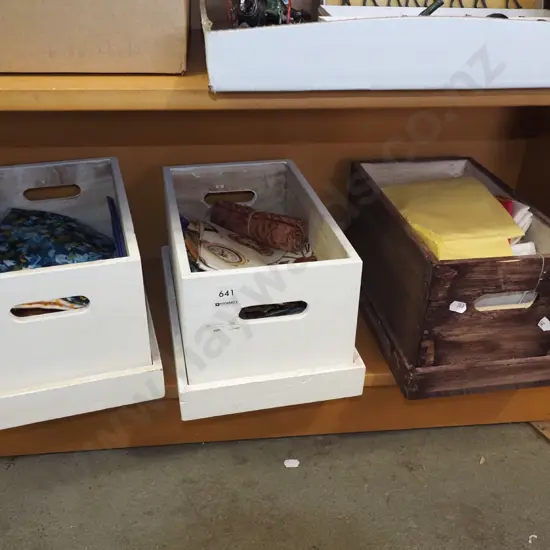 3x lidded wooden boxes with patchwork fabric pieces