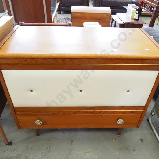 solid oak blanket box with bottom drawer and upholstered front H810 W940 D430