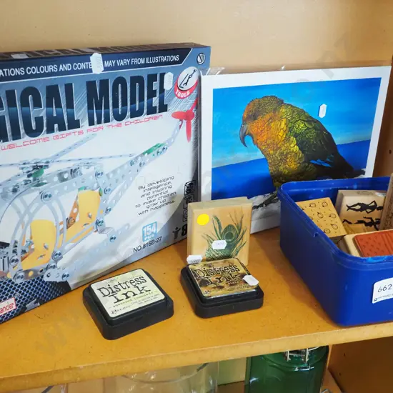 unframed kea print, toy, rubber stamps