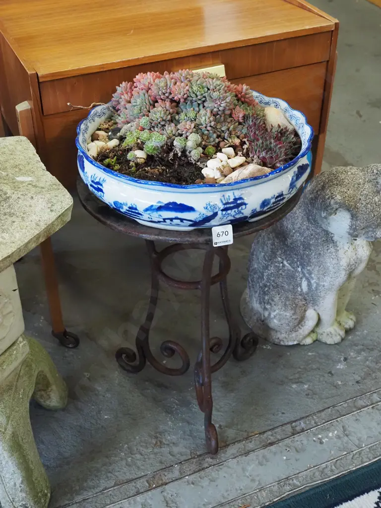 wrought metal stand, shallow planter with succulents Image 1++