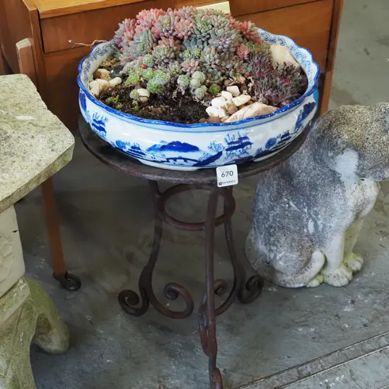 wrought metal stand, shallow planter with succulents