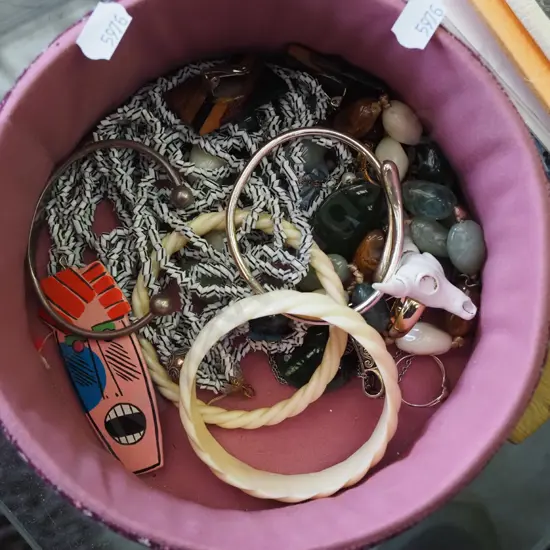 fabric basket and costume jewellery