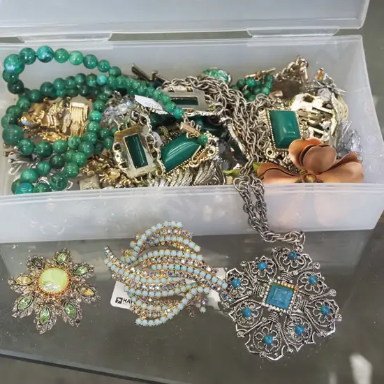 plastic container of costume jewellery