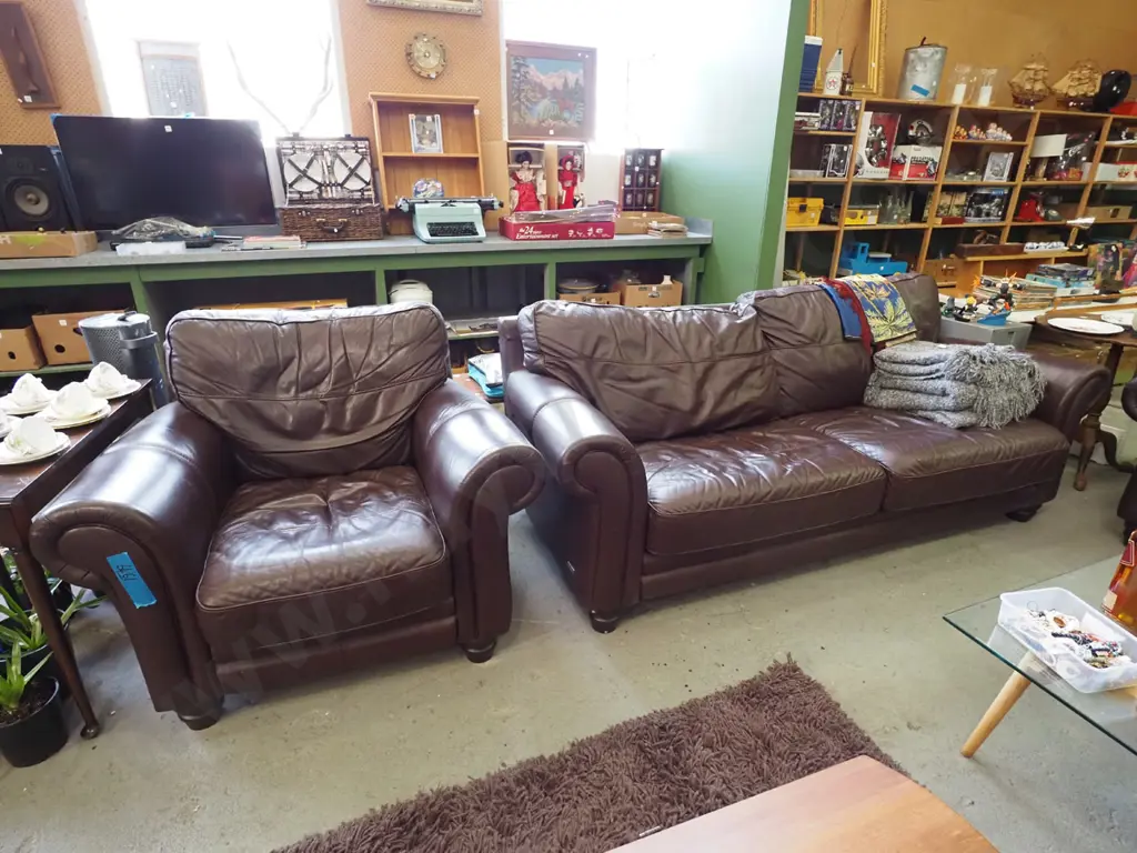 brown leather rolled arm 3 piece lounge suite - 2 seater and 2 singles Image 1++