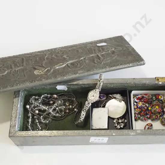 pewter lined jewellery box and costume jewellery - hinges need attention