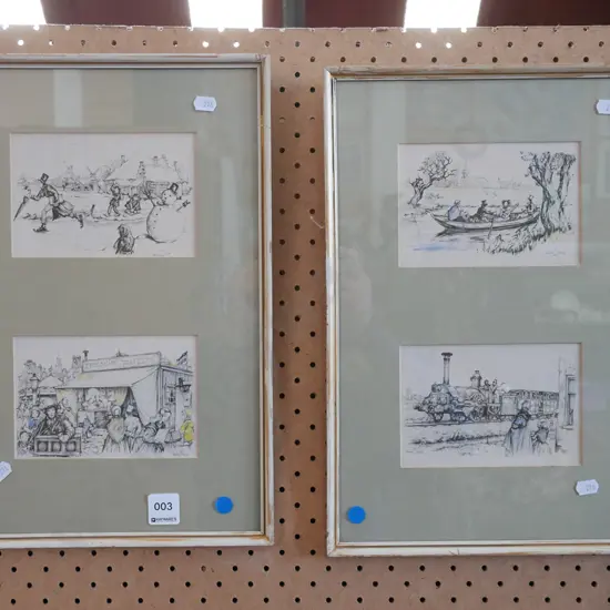 2x framed hand coloured Victorian themed prints - blue dots