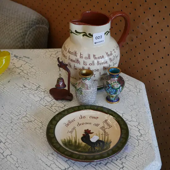 motto jug, plate, 2x small cloisonne vases, bell