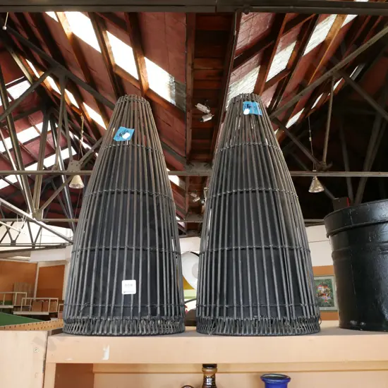 pair of cane and black fabric pendant light shades H-570