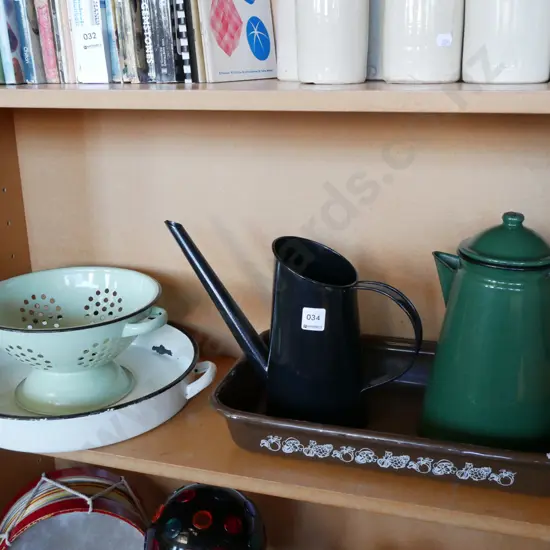 enamel ware; coffee pot, pouring jug, colander etc