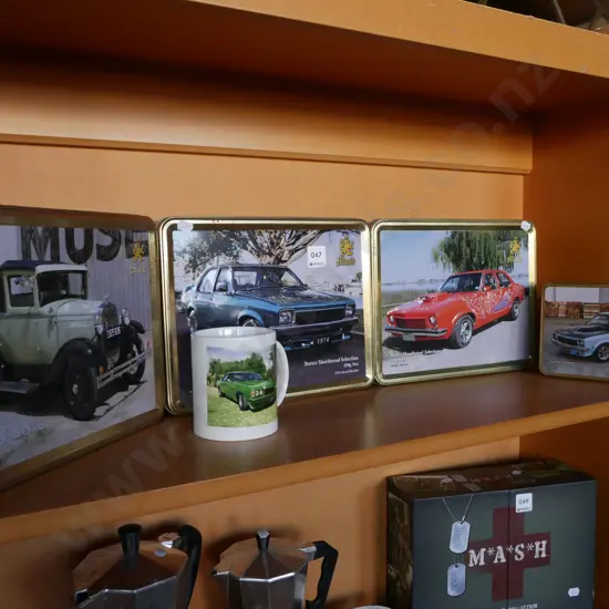 4x automobile shortbread tins, classic car coffee cup