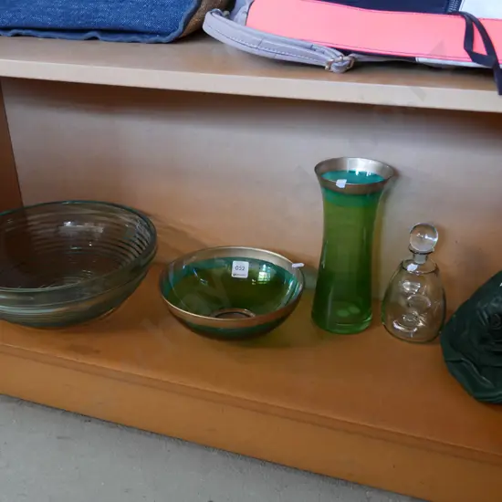 grey glass bowls, vase, small decanter, grey leather floral themed purse