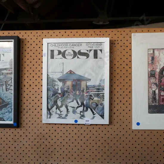 2x framed Evening Post prints, framed French themed print - blue dots