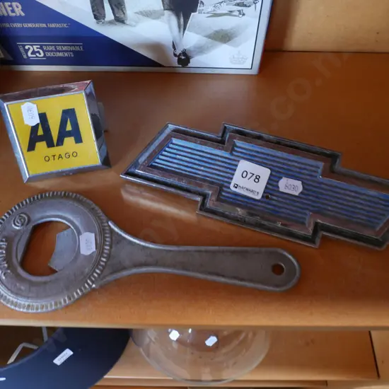 Cheverolet badge, AA badge, bottle opener