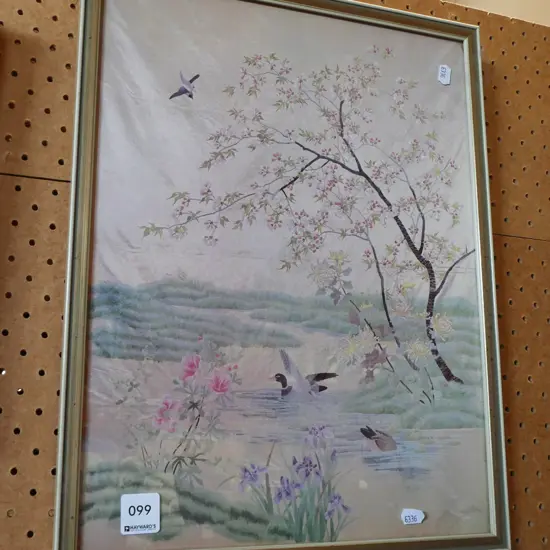 framed Asian print - ducks on pond - slight staining