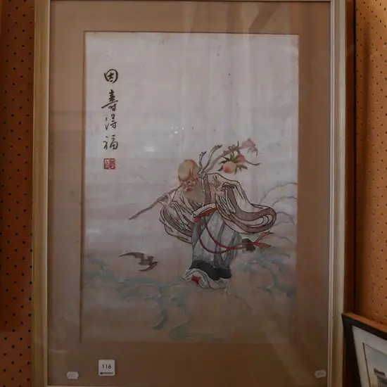 framed Asian needlework on silk - God of longevity - slight foxing