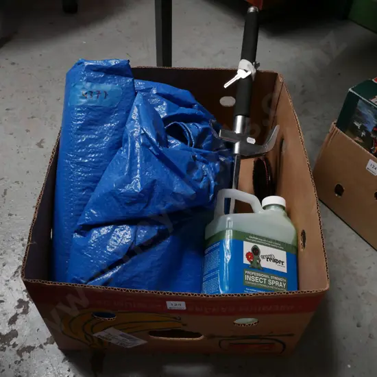 car steering wheel lock, tarpaulin, organic insect spray