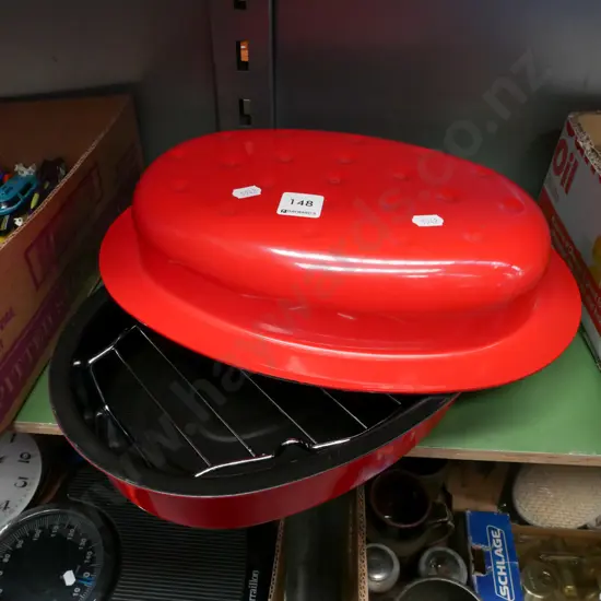 red enamel roasting dish with internal tray