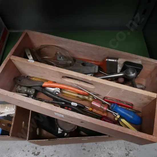 wooden tool carrier and tools; screwdrivers, crimpers etc