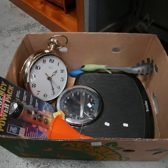 box; torch, wall clock, scales etc