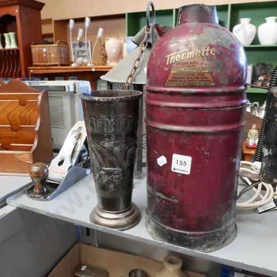 battered thermette and a plated vase