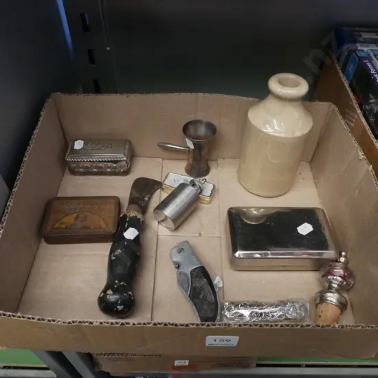 box; ink bottle, stoppers, cigarette roller, knives, etc