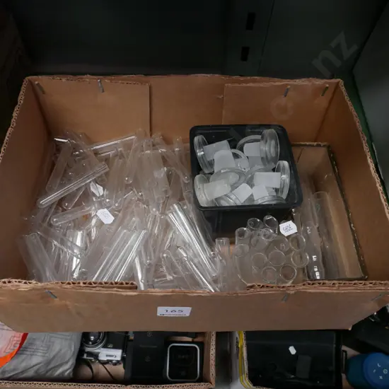 box of test tubes, glass stoppers