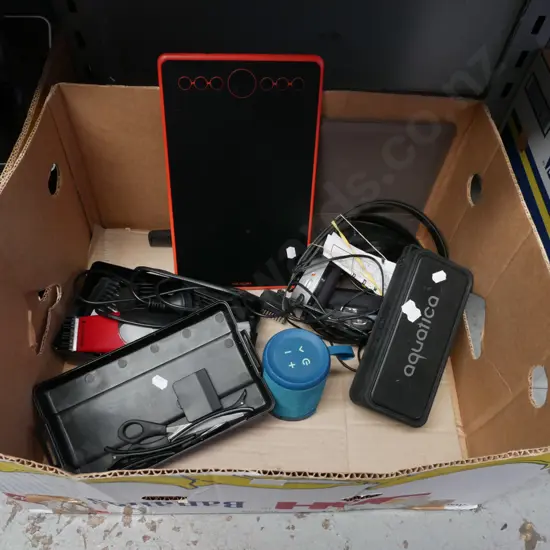 box; usb speakers, head phones, electric shaver etc