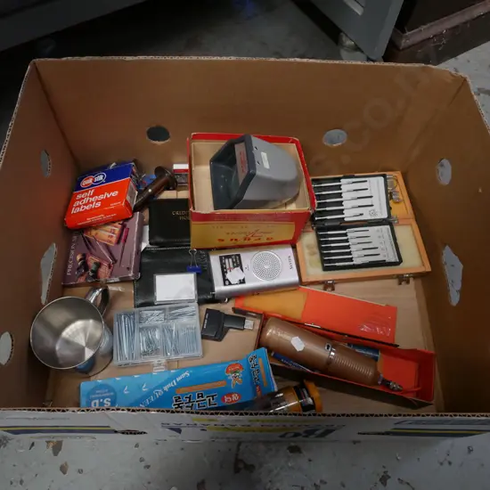 box; nails, screwdriver, slide viewer etc
