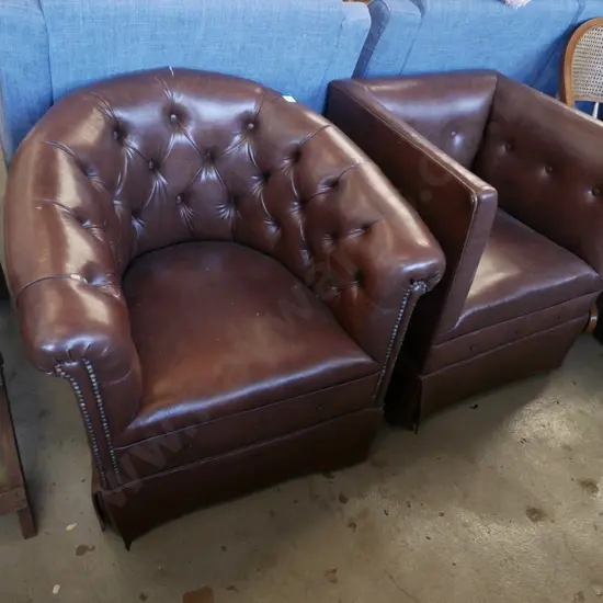 2x brown vinyl tub chairs - some scratches