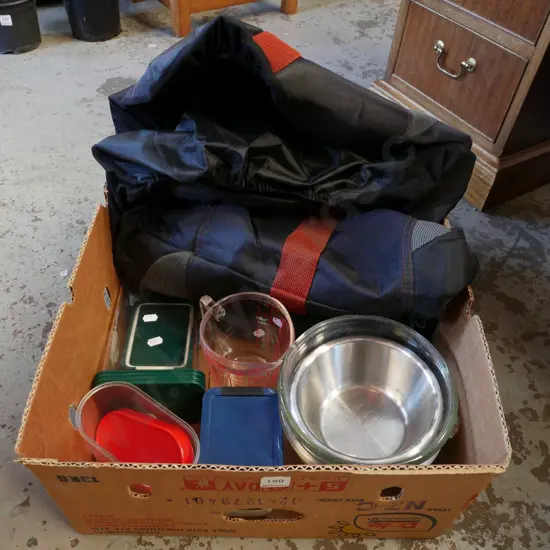 box; car seat covers, mixing bowls, measuring jug etc