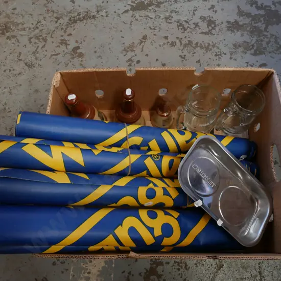 box; Wrangler wallpaper, magnetic parts tray, Captain Morgan glasses etc