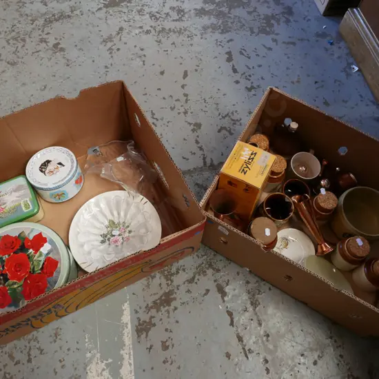 2x boxes; tins, glass vase, plate, canisters etc - blue dots