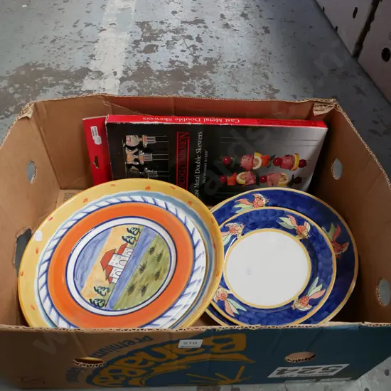 box; Tuscany style plates, fruit bowl, cast metal skewers etc