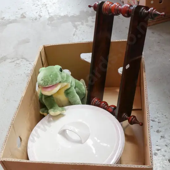 box; small wall mounted shelves, battery powered dancing frog, large lidded ceramic bowl