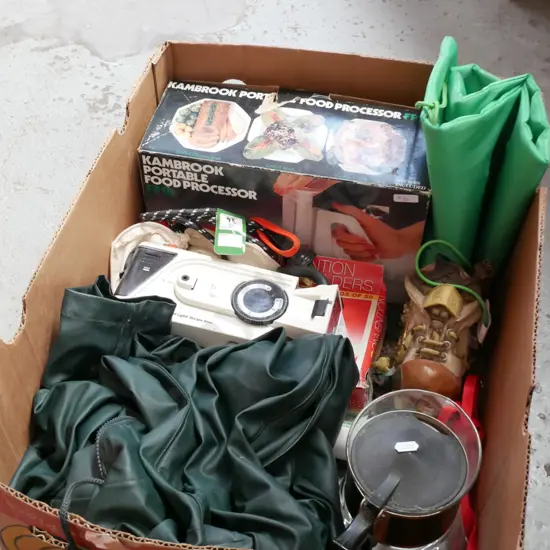 box; raincoat, travel iron, food processor etc