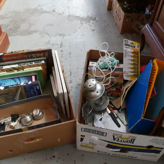 2x boxes; books, gardening gloves, door lock, alloy grill plate etc - blue dots