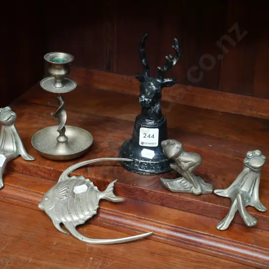 painted brass bell, frog figurines, tropical fish etc