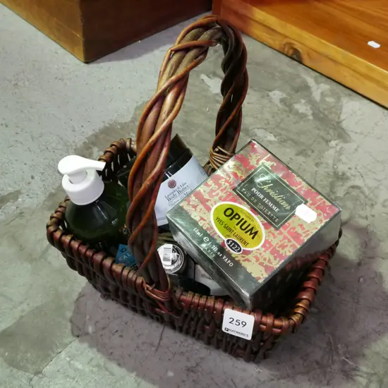 cane basket and toiletries