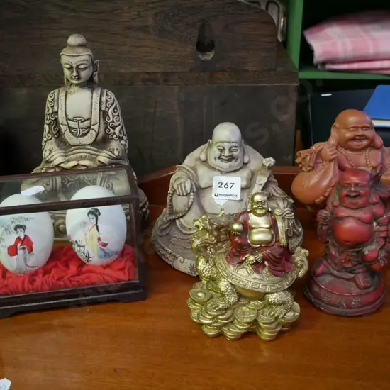 buddha figurines, cased painted eggs