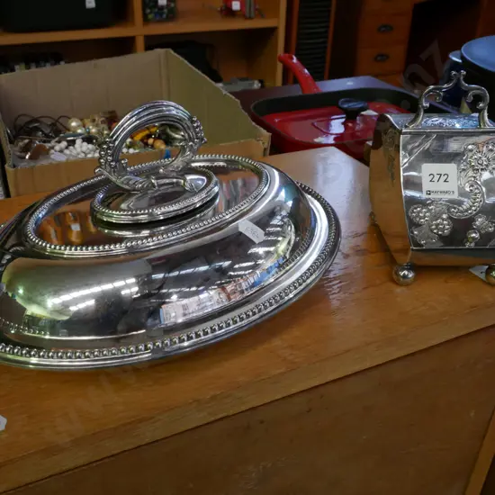 plated ware sugar scuttle, heavy plate lidded vege