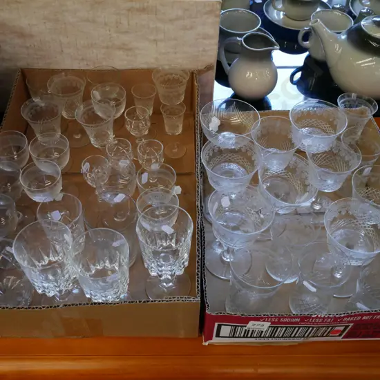 2x boxes of etched and cut glass and crystal ware - red dots