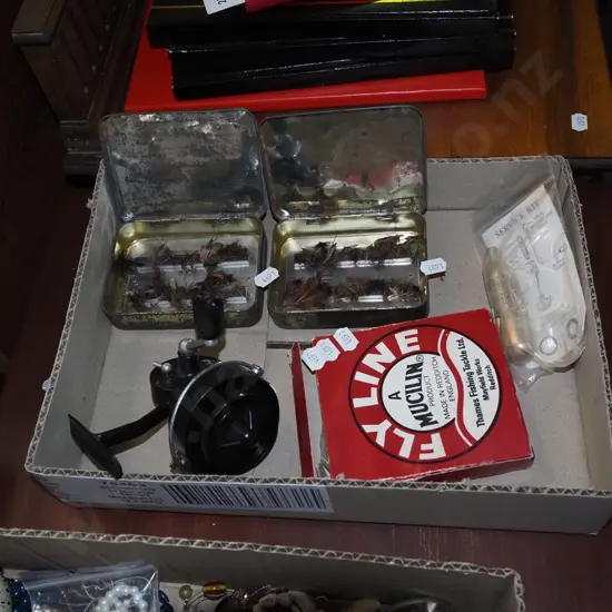 fishing reel, fishing flies etc