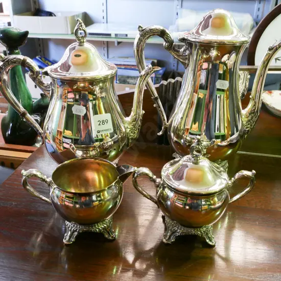 plated creamer, sugar, coffee pot - damage to lid