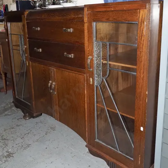 dark stained deco buffet sideboard - 2 doors, 2 drawers, 2 leadlight doors H-1120 W-1360 D-510
