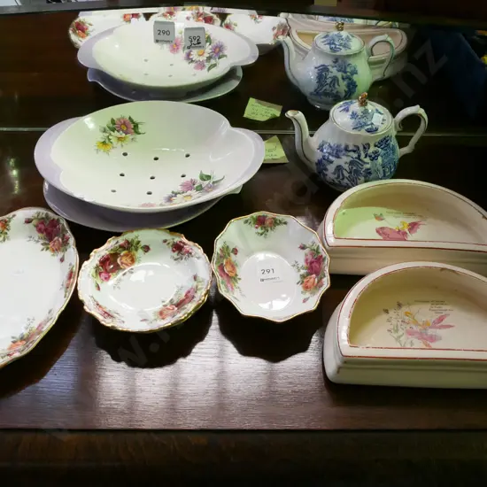 Royal Winton draining dish, Old Country Rose dishes, teapot, 2x vintage children's half bowls