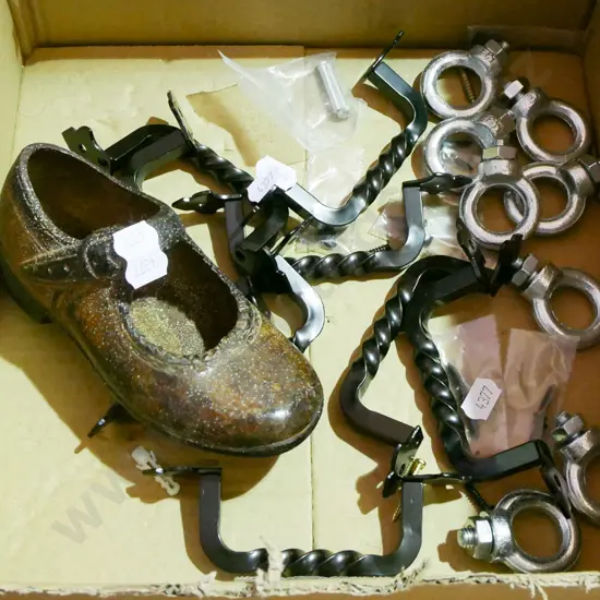 box; wrought metal cupboard handles, circular hooks, bolts, cast metal shoe