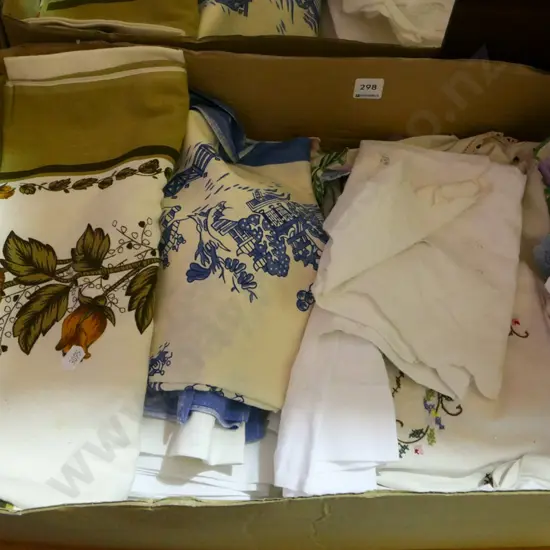 box; hand worked linen, tablecloths etc